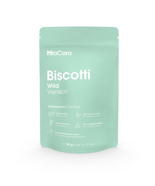 Official MiaCara Biscotti Wild Venison cat treats in their mint-green pouch